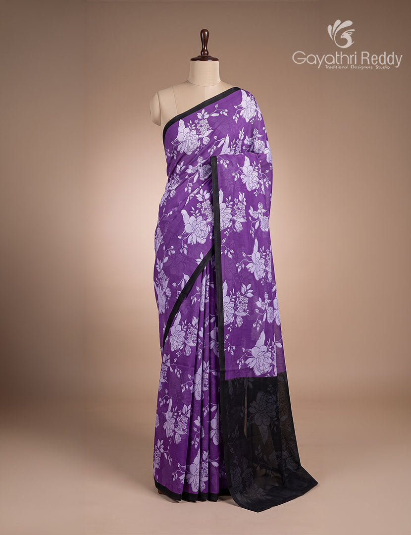 Pure MulMul Cotton Saree in Deep Lavender and Black