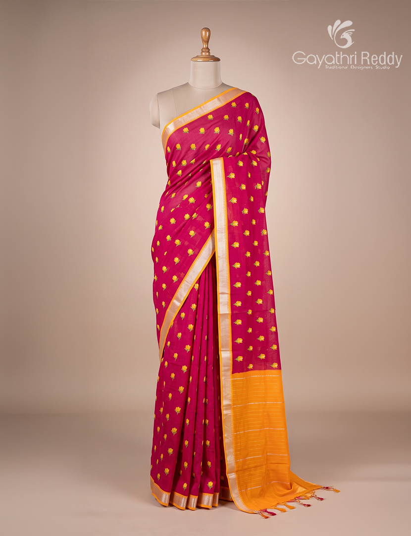 Mangalagiri Pattu Saree in Deep Rani Pink and Orange