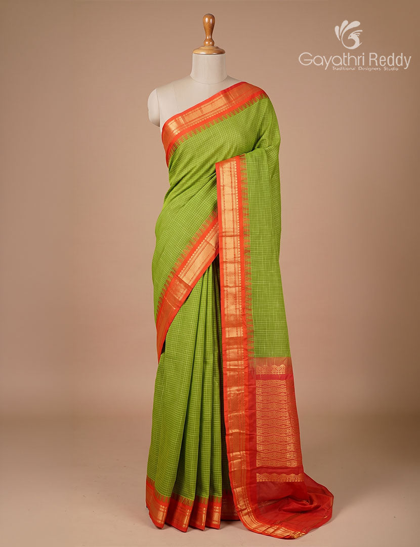 Pure Gadwal Cotton Saree in Deep Olive Green and Red