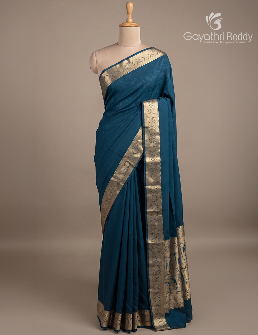 Semi Mysore Crepe Saree in Deep Peacock Blue
