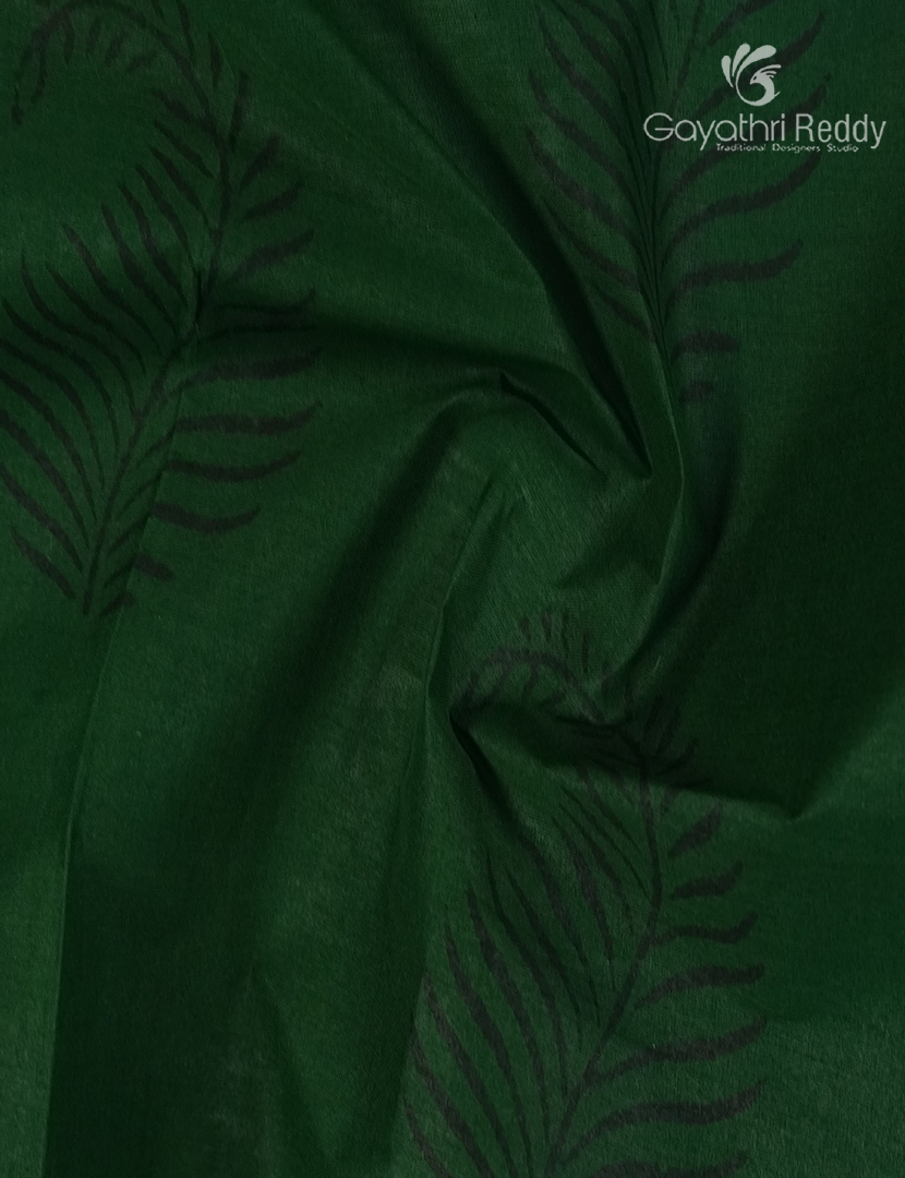 Block Print Cotton Saree in Bottle Green and Yellow