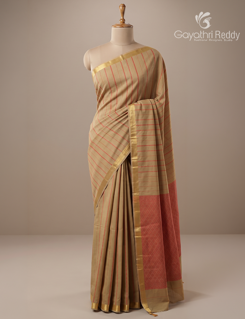 Pure Kanchi Cotton Saree Beige and Rust