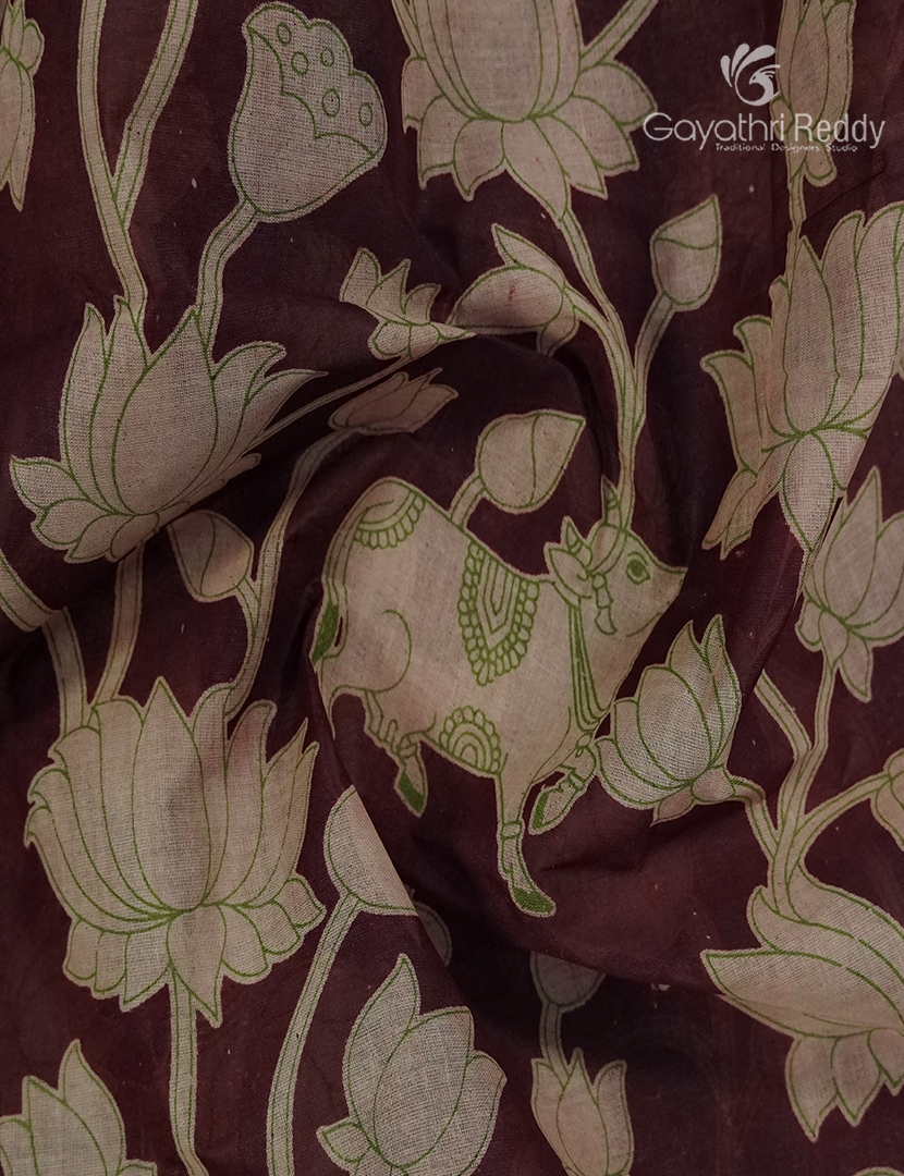Kalamkari Printed Cotton Saree in Deep Maroon and Beige