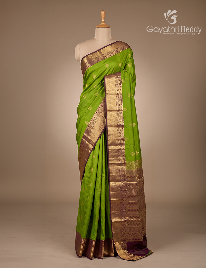 Semi Kanchipuram Silk Saree in Olive Green and Deep Brown