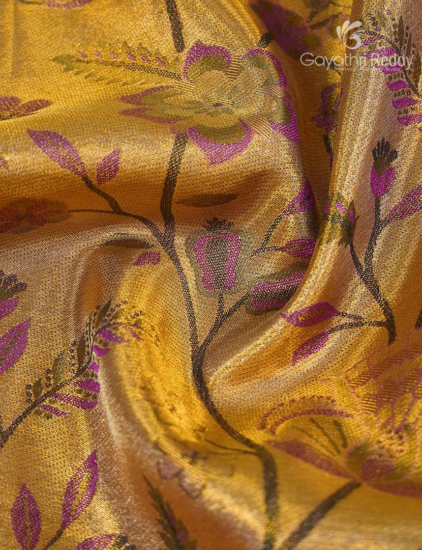 Pure Kanchipuram Silk Bridal Saree in Pastel Gold and  Orange