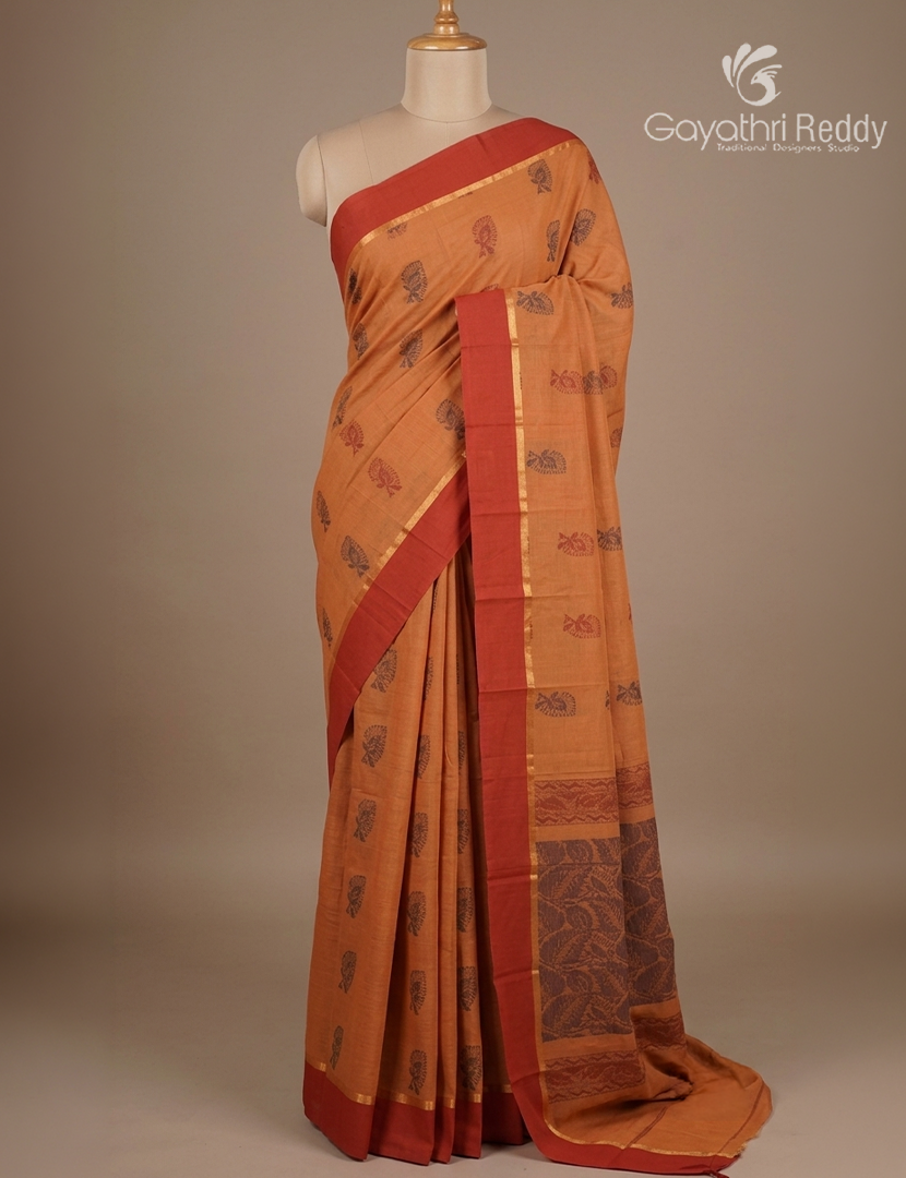 Pure Kanchi Cotton Saree in Rust
