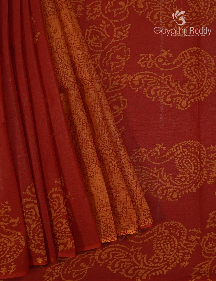 Cotton Batik Print Saree in Deep Red and Rust Orange