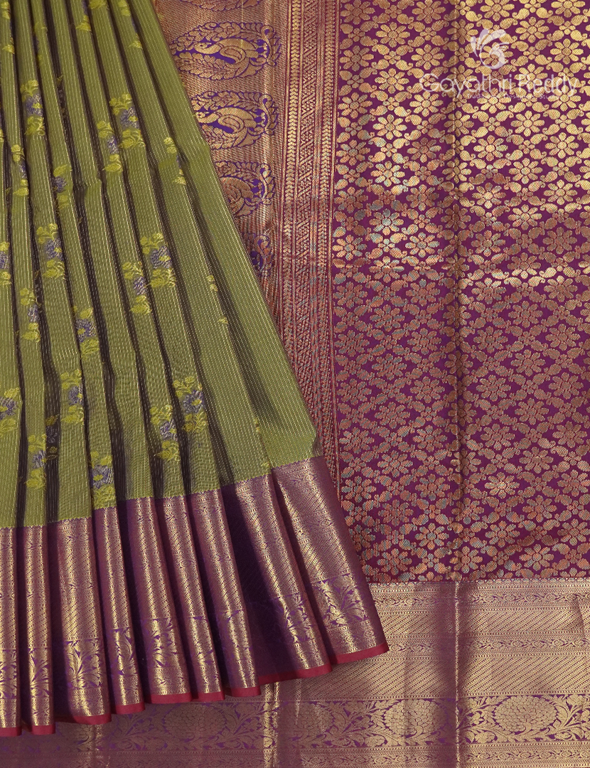 Semi Kanchipuram Silk Saree in Mehendi Green  and Deep Magenta