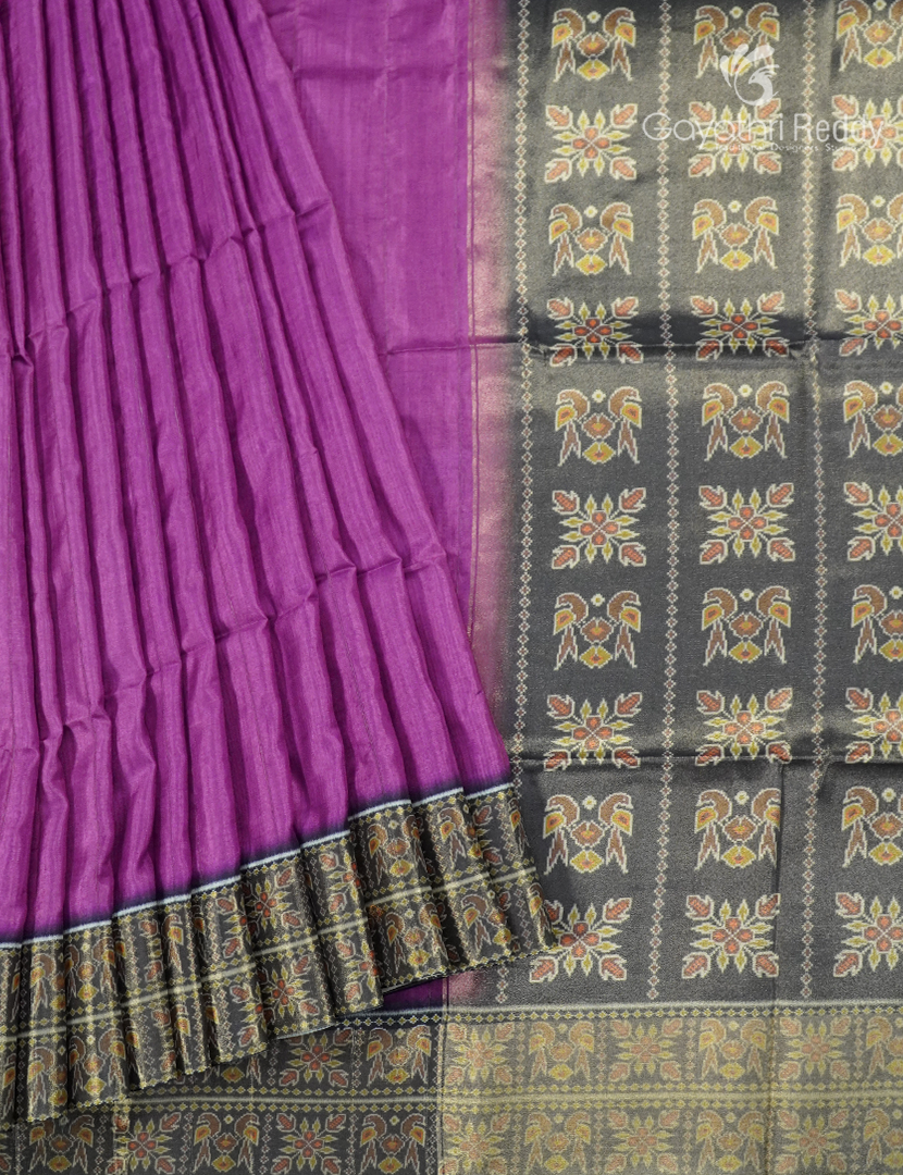 Semi Tussar Saree in Magenta and Black