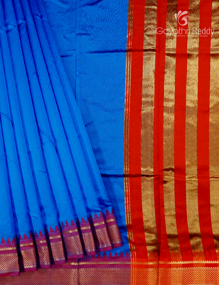 Semi Gadwal Saree in Blue and Red