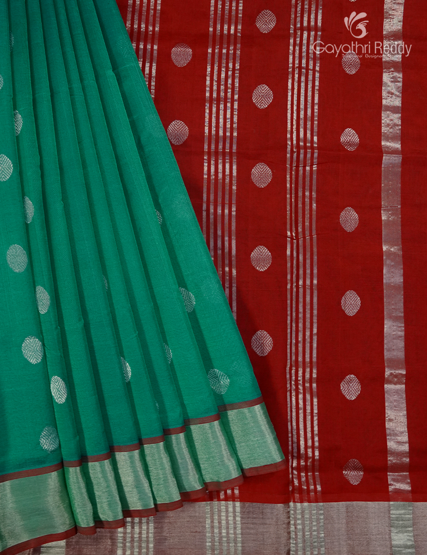 Pure Arani Sico Saree in Sea Green and Red