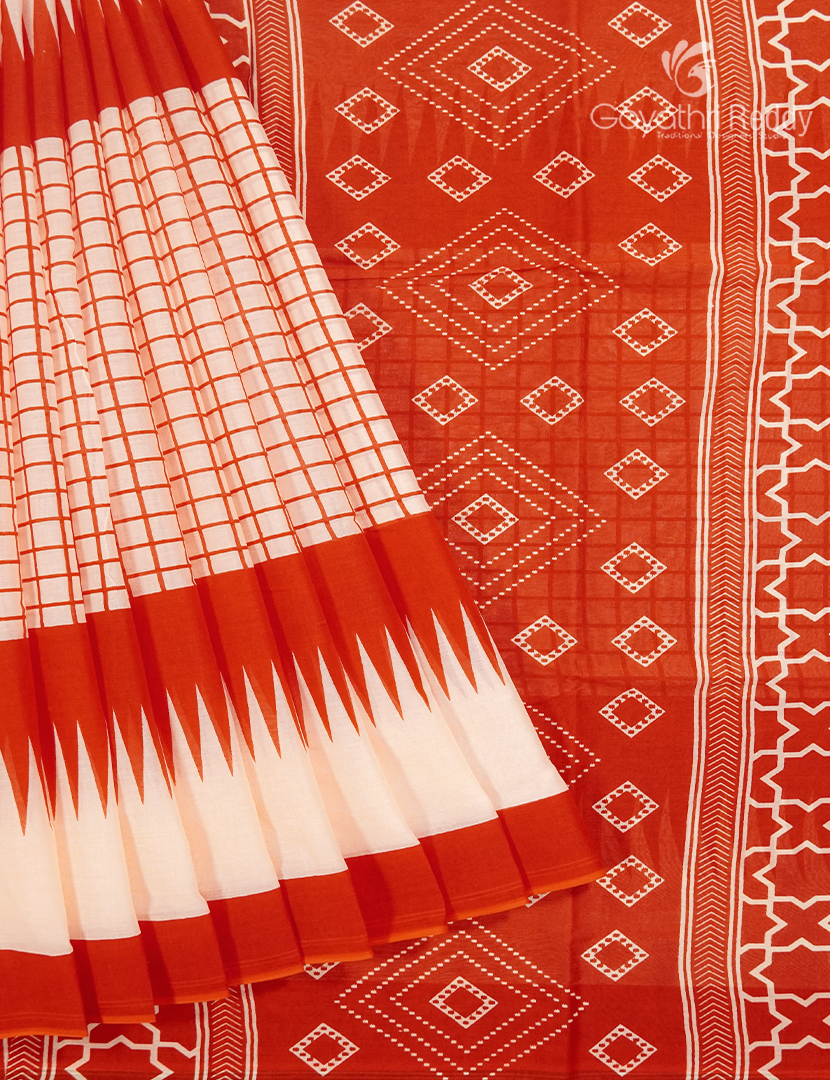 Pure MulMul Cotton Saree in Light Peach and Rust Orange