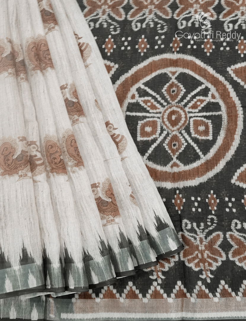 Linen Silk Saree in Cream and Black
