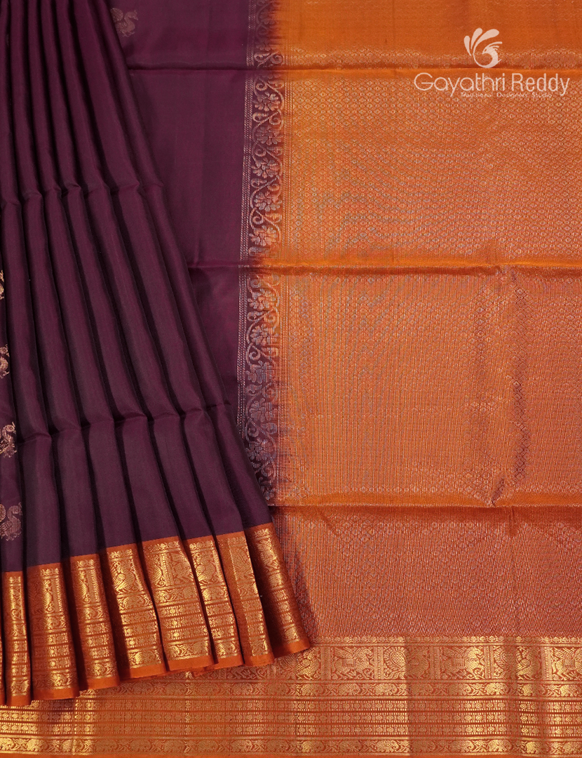 Pure Kanchipuram Soft Silk Saree in Deep Wine and Rust Orange