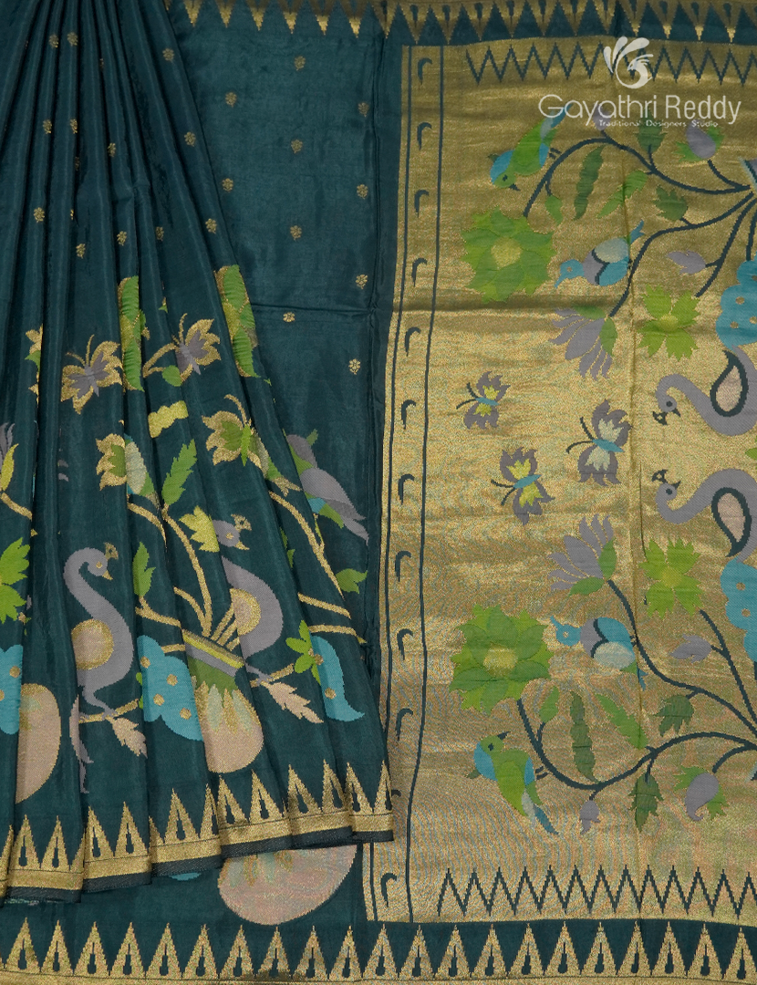 Pure Satin Silk Saree in Deep Rama Green