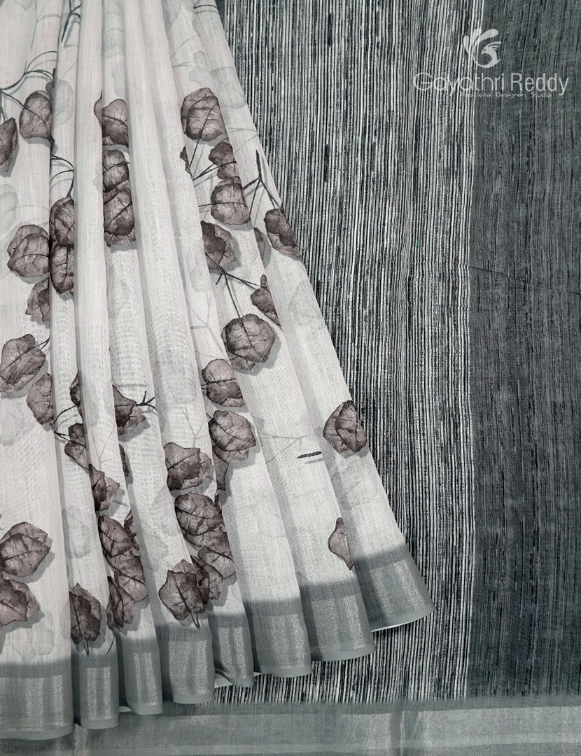 Linen Silk Saree in White and Black
