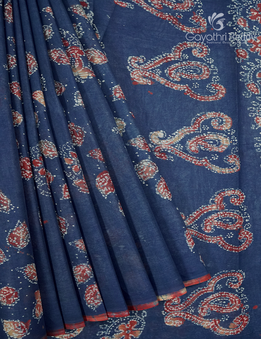 Cotton Batik Print Saree in Denim Blue