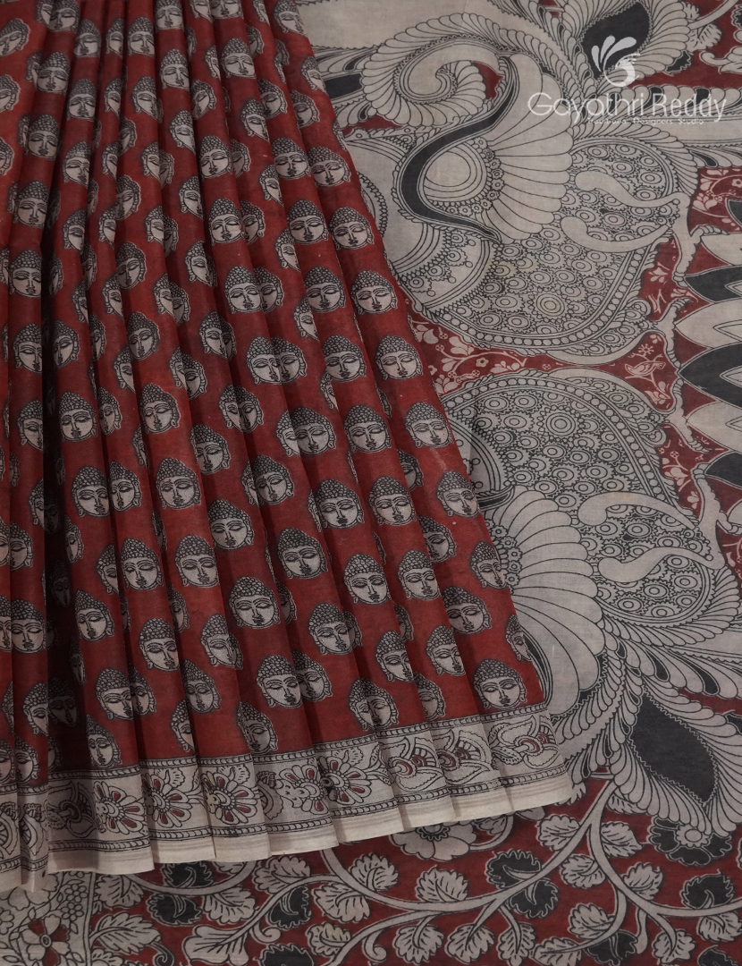 Kalamkari Printed Cotton Saree in Deep Rust Red and Beige