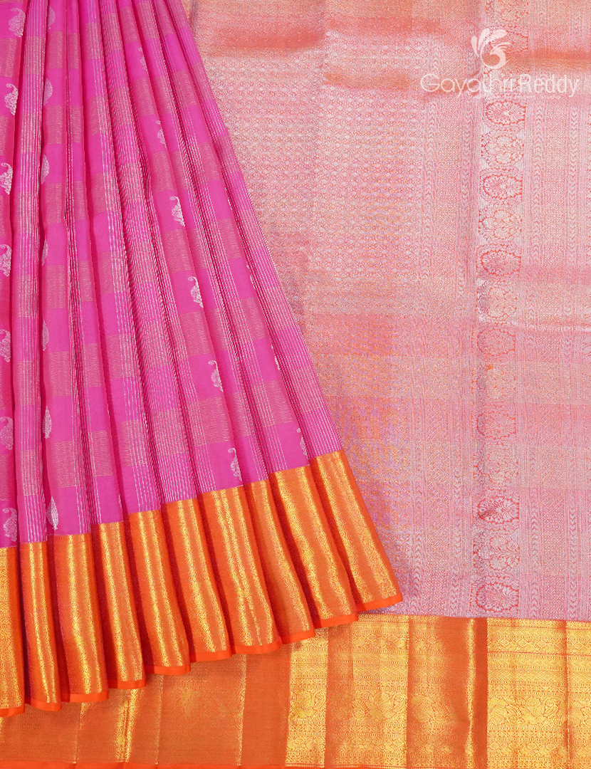 Pure Kanchipuram Silk Vintage Saree in Hot Pink  and Orange