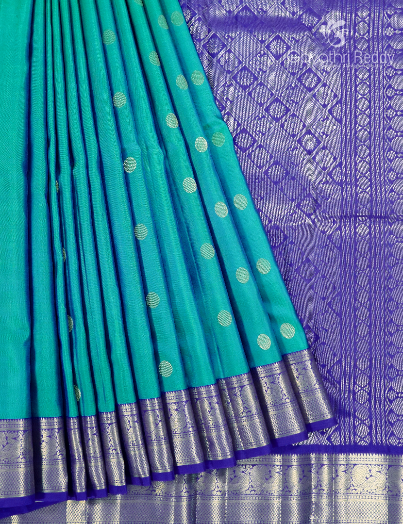 Pure Kanchipuram Silk Saree in Dual Shade of Sea Green and Royal Blue  (Medium Borders )-KP8773
