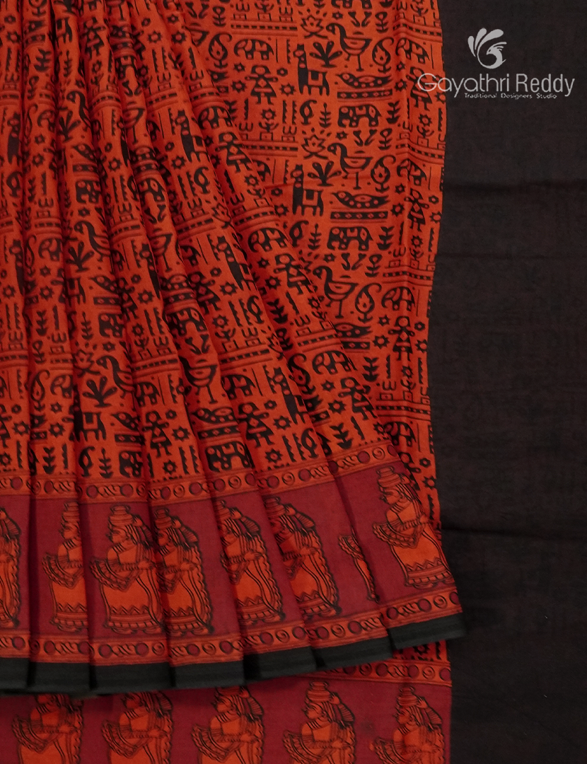 Pure MulMul Cotton Saree in Deep Red and Black
