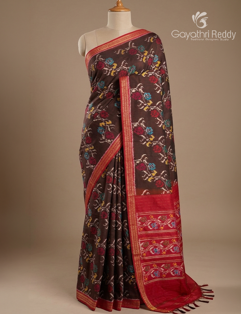 Pure Ikat Silk Saree in Deep Brown and Pink