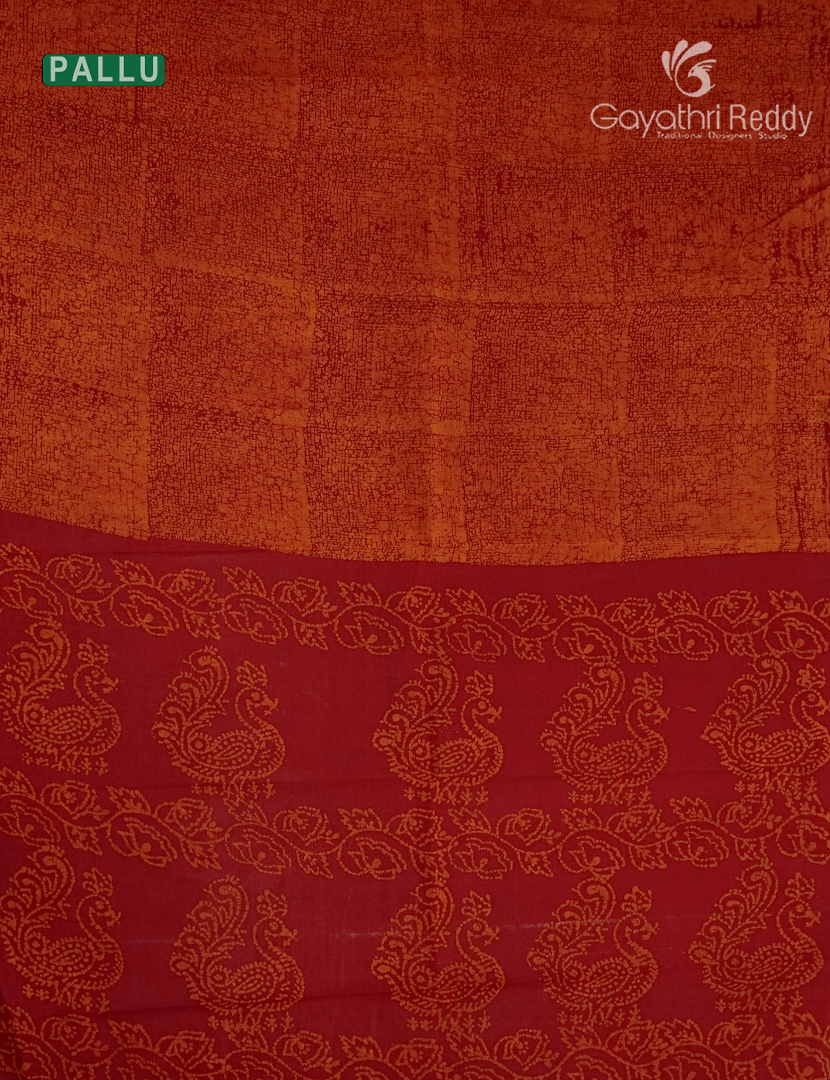 Cotton Batik Print Saree in Deep Red and Rust Orange
