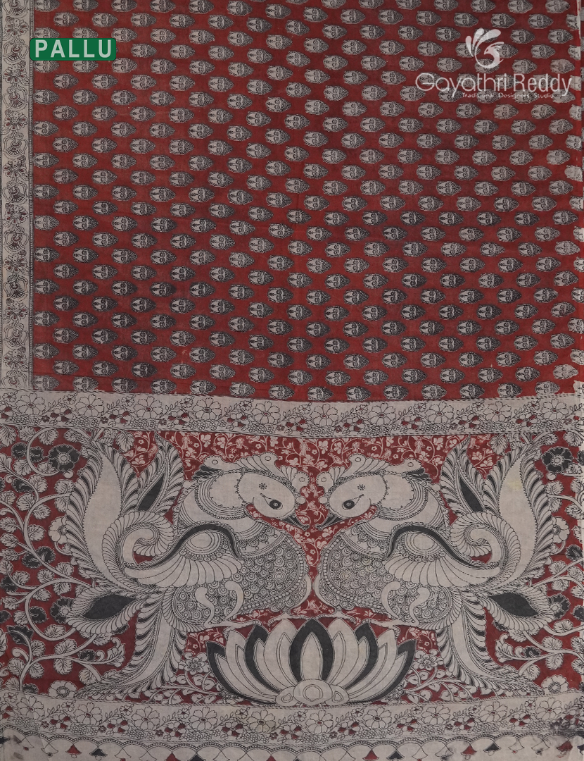 Kalamkari Printed Cotton Saree in Deep Rust Red and Beige