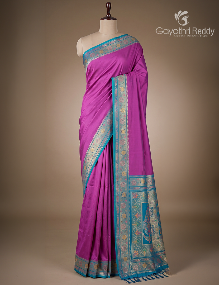 Semi Kanchipuran Silk Saree in Magenta Pink and Rama Blue