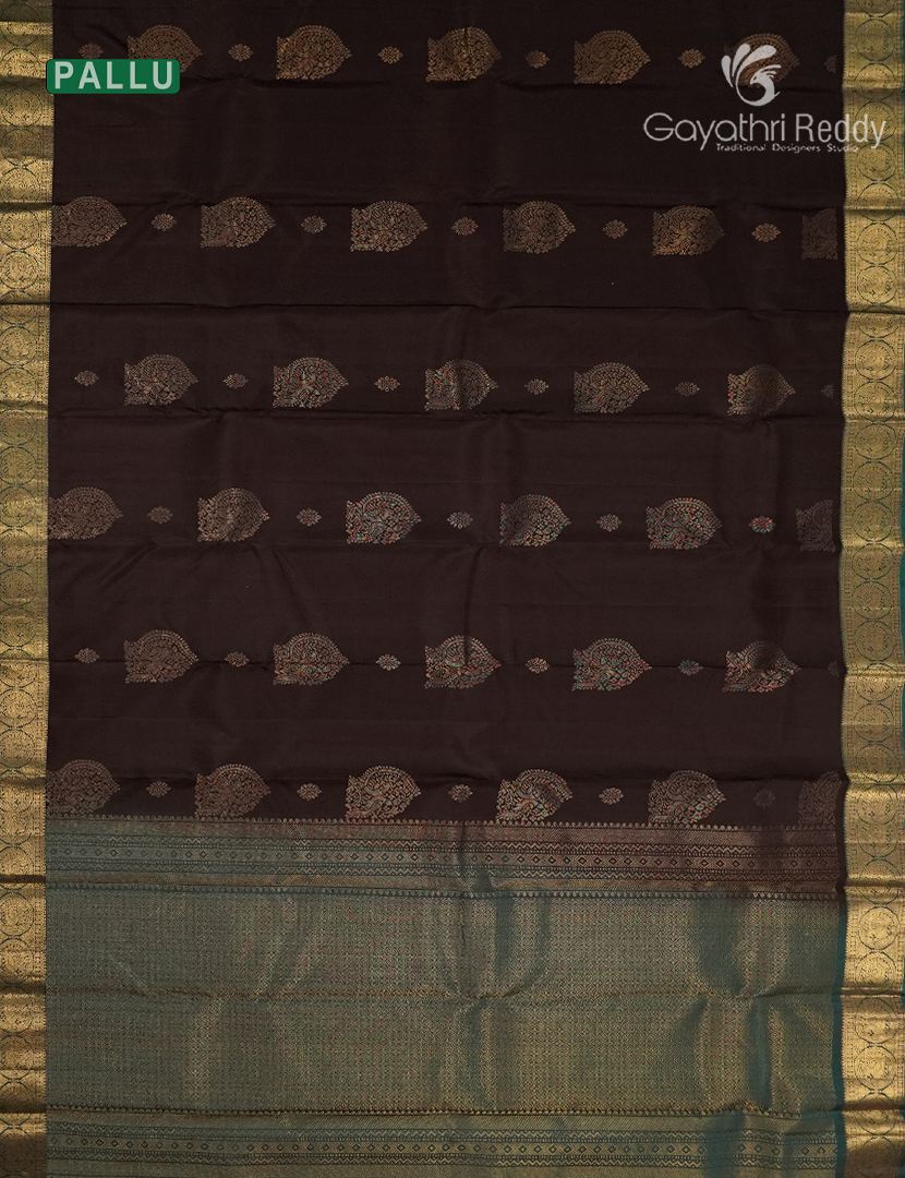 Pure Kanchipuram Silk Saree in Deep Brown and Deep Peacock  Green