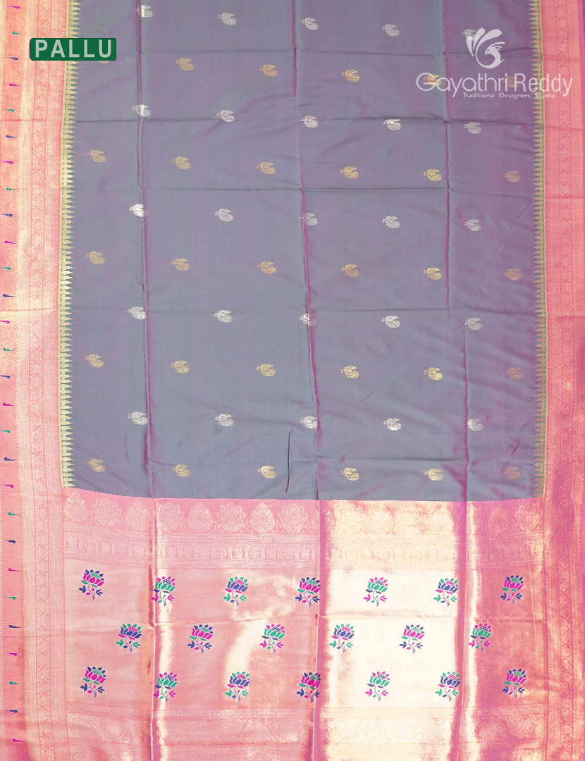 Semi Kanchipuram Art Silk Saree in Grey nd Peach