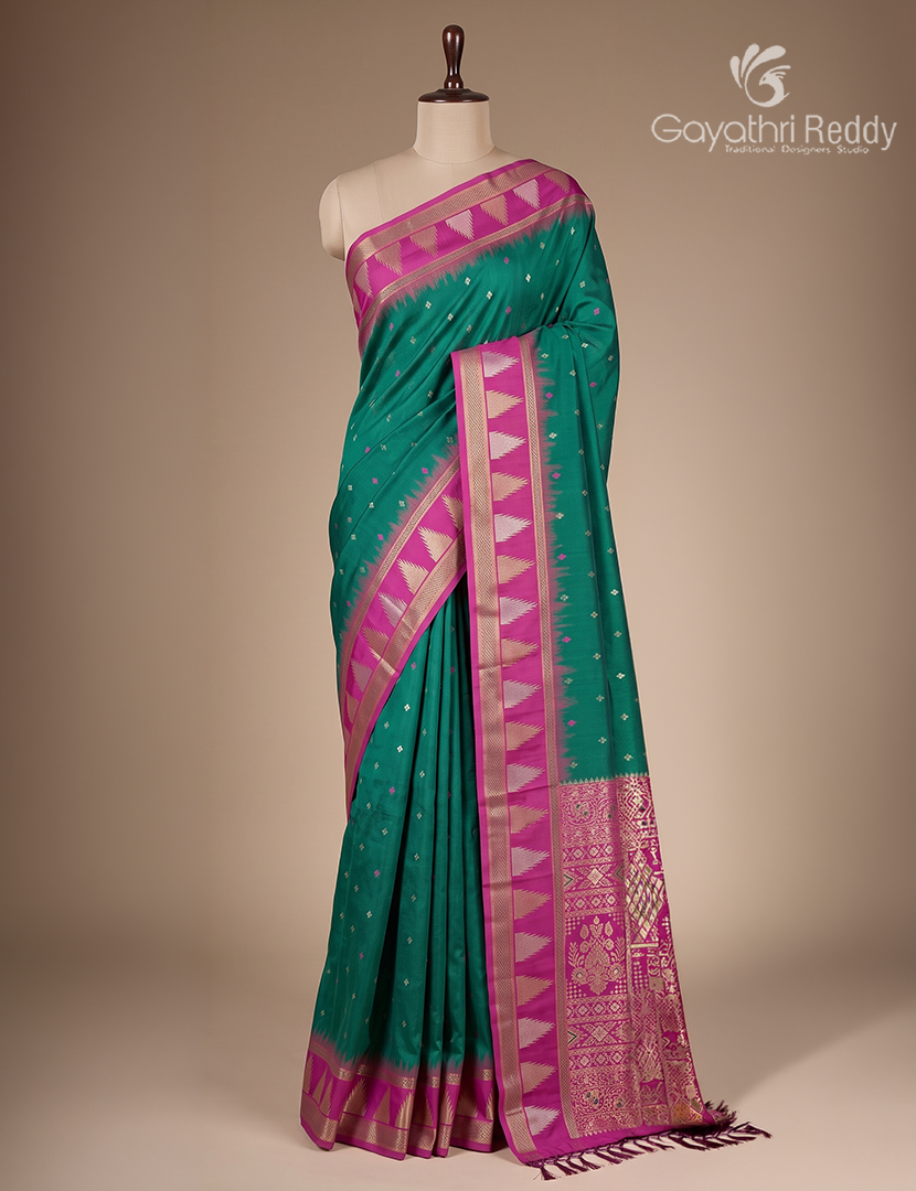 Semi Kanchipuran Silk Saree in Bottle Green  and Magenta