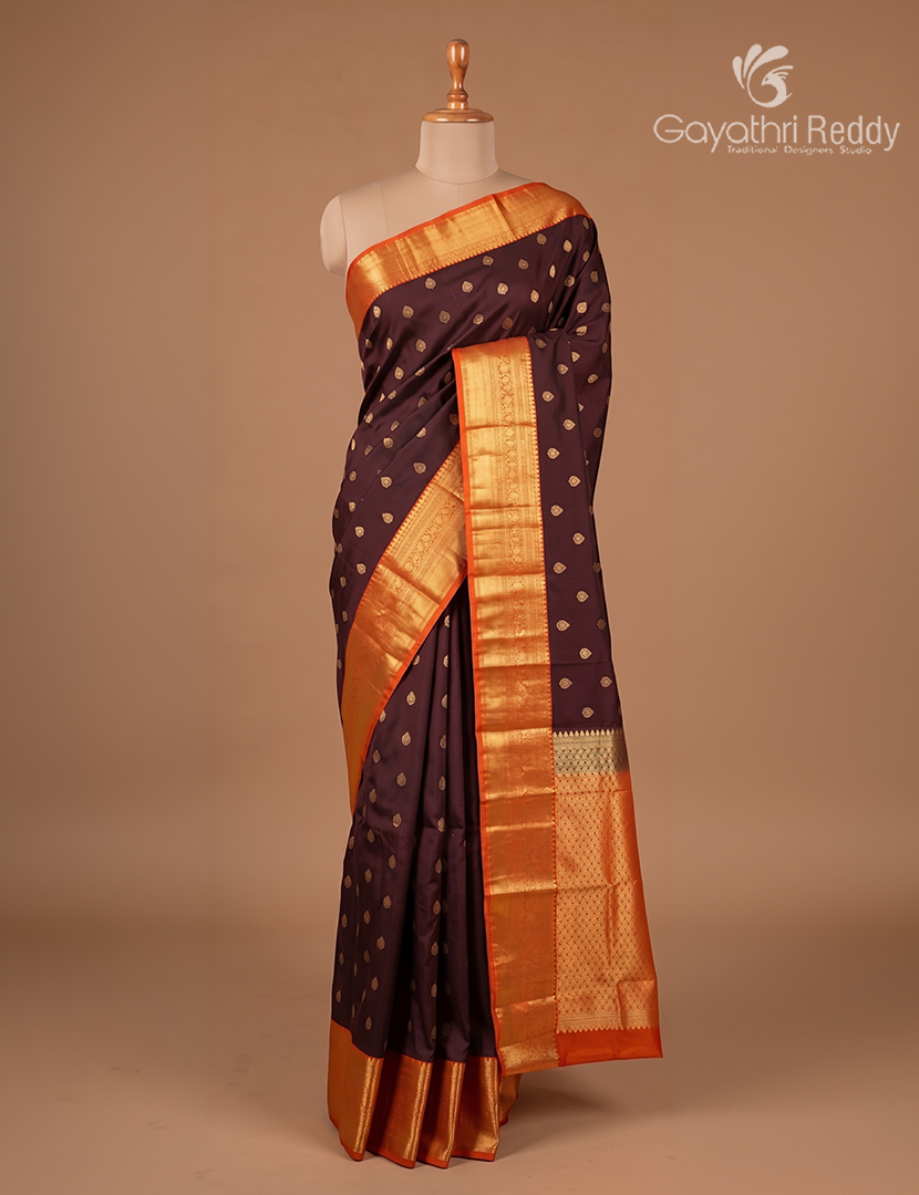 Semi Kanchipuram Silk Saree in Deep Brown and Rust Red