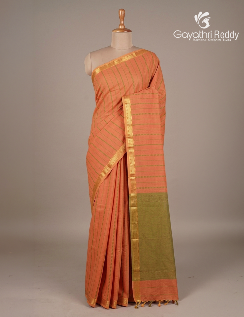 Pure Kanchi Cotton Saree in Peachish Orange and Pista Green