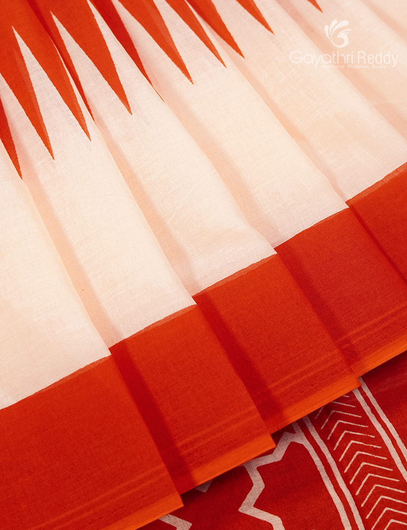 Pure MulMul Cotton Saree in Light Peach and Rust Orange