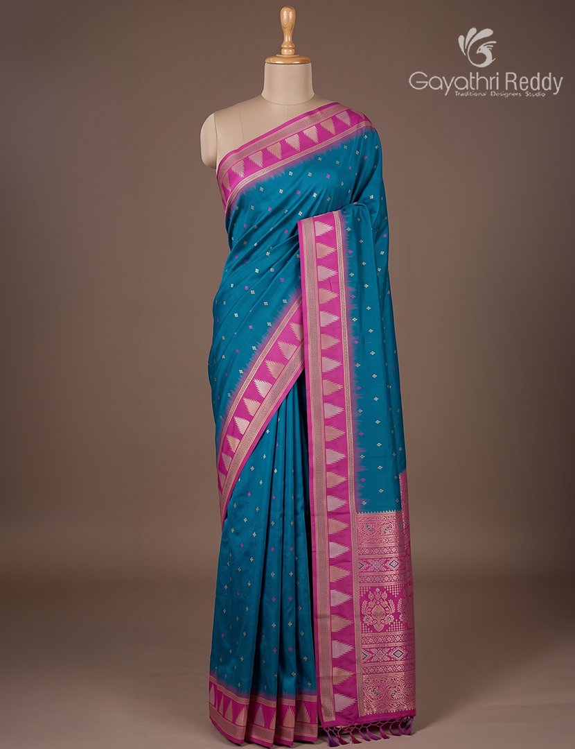 Semi Kanchipuran Silk Saree in Deep Peacock Blue and  Magenta Pink