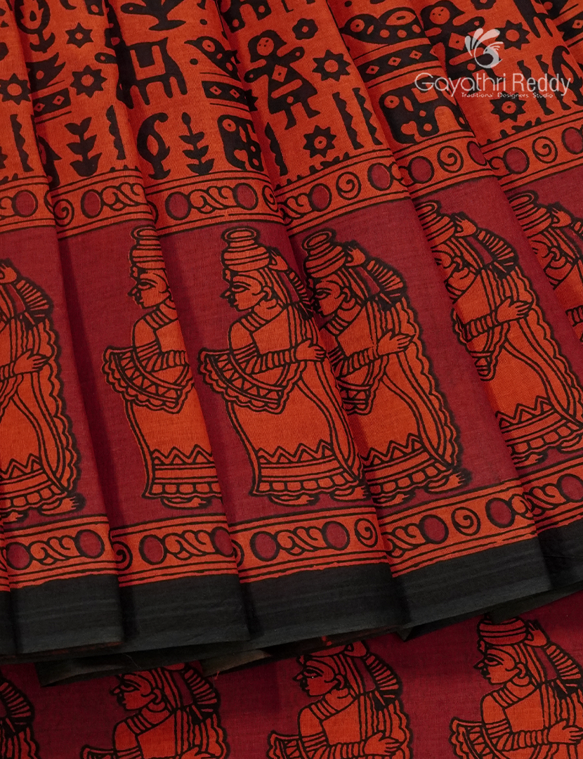 Pure MulMul Cotton Saree in Deep Red and Black