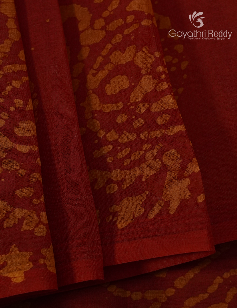 Cotton Batik Print Saree in Deep Red and Rust Orange