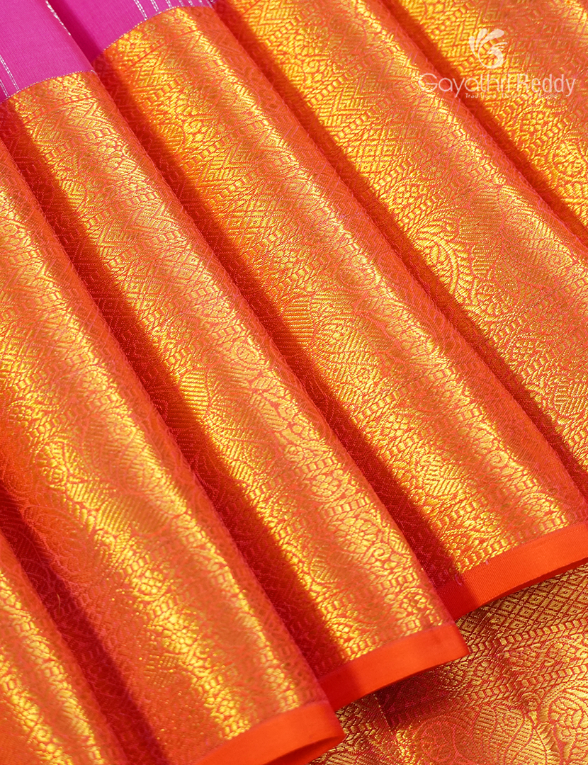 Pure Kanchipuram Silk Vintage Saree in Hot Pink  and Orange