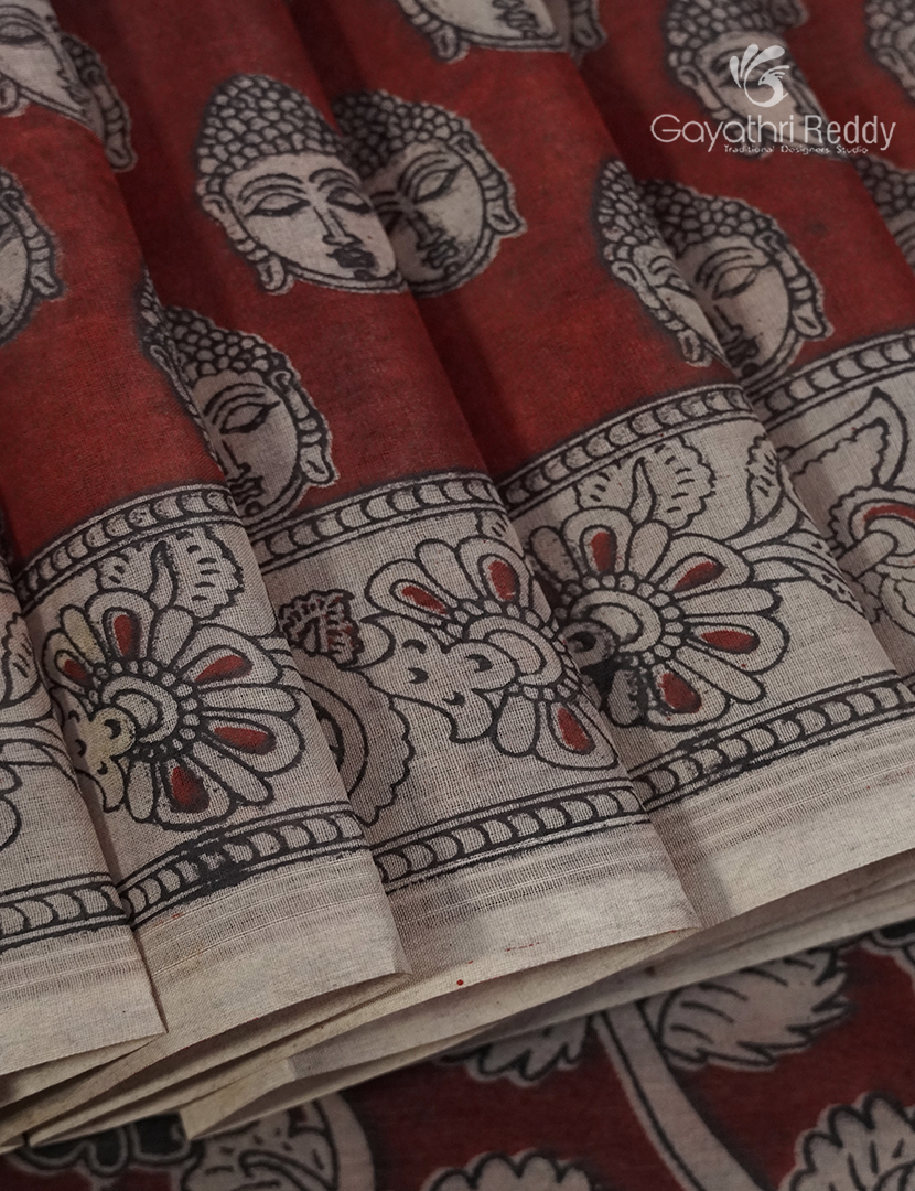 Kalamkari Printed Cotton Saree in Deep Rust Red and Beige
