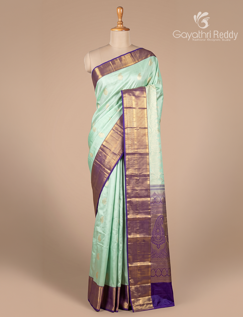 Semi Kanchipuram Silk Saree in Mint Green and Purple