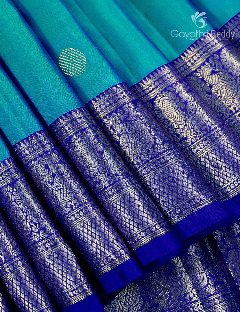 Pure Kanchipuram Silk Saree in Dual Shade of Sea Green and Royal Blue  (Medium Borders )-KP8773