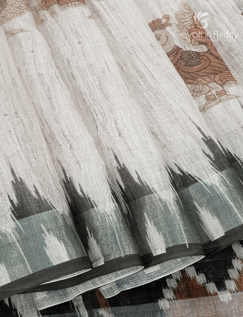 Linen Silk Saree in Cream and Black