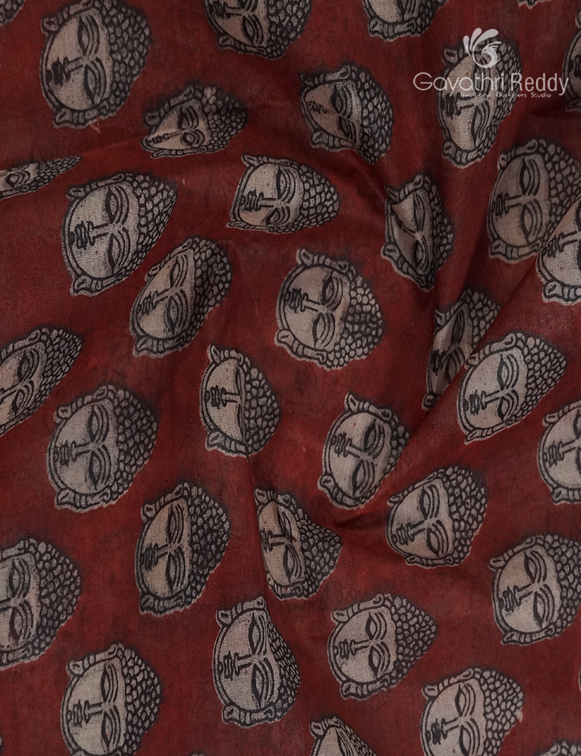 Kalamkari Printed Cotton Saree in Deep Rust Red and Beige