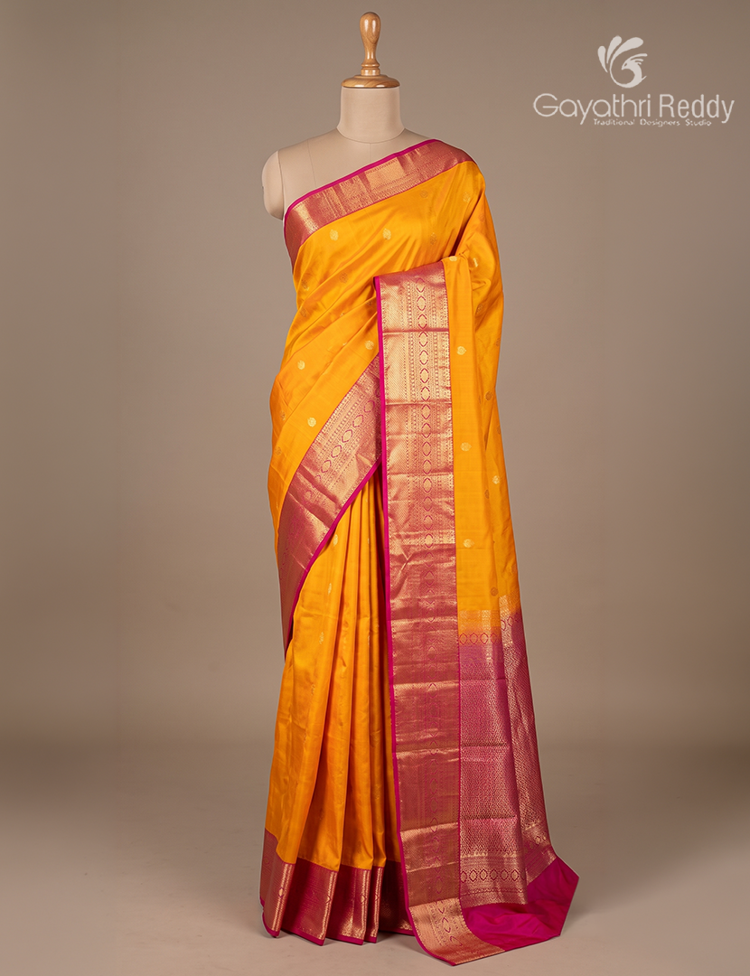 Semi Kanchipuram Silk Saree in Mango Yellow and Rani Pink