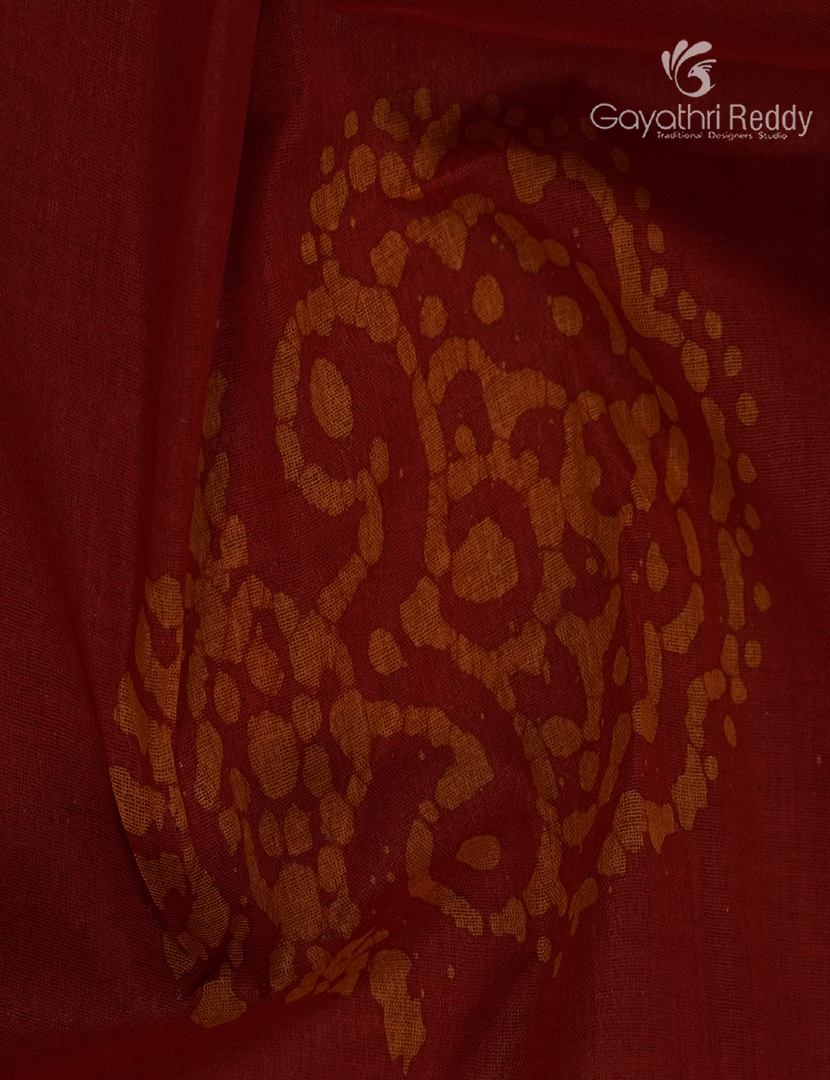 Cotton Batik Print Saree in Deep Red and Rust Orange