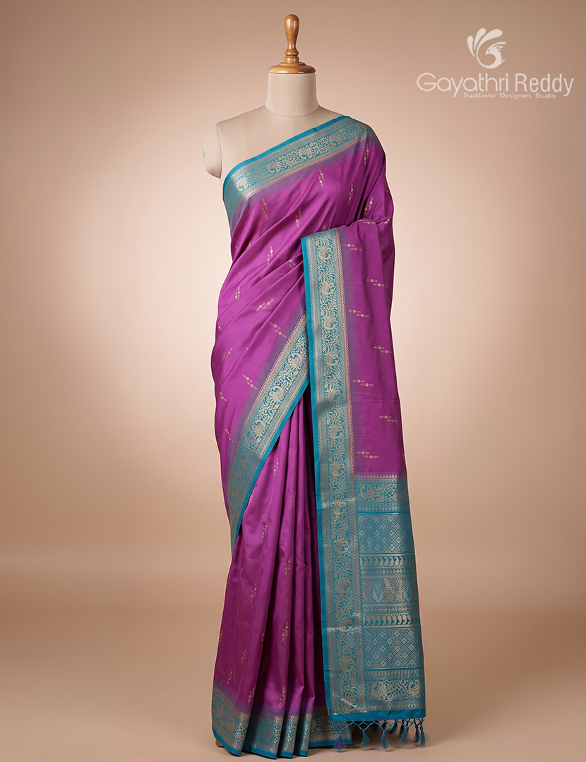 Semi Kanchipuran Silk Saree in Deep Magenta Pink and  Rama Blue