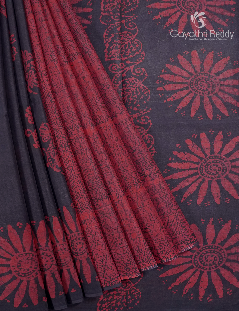 Cotton Batik Print Saree in Navy Blue and Peach pinknk