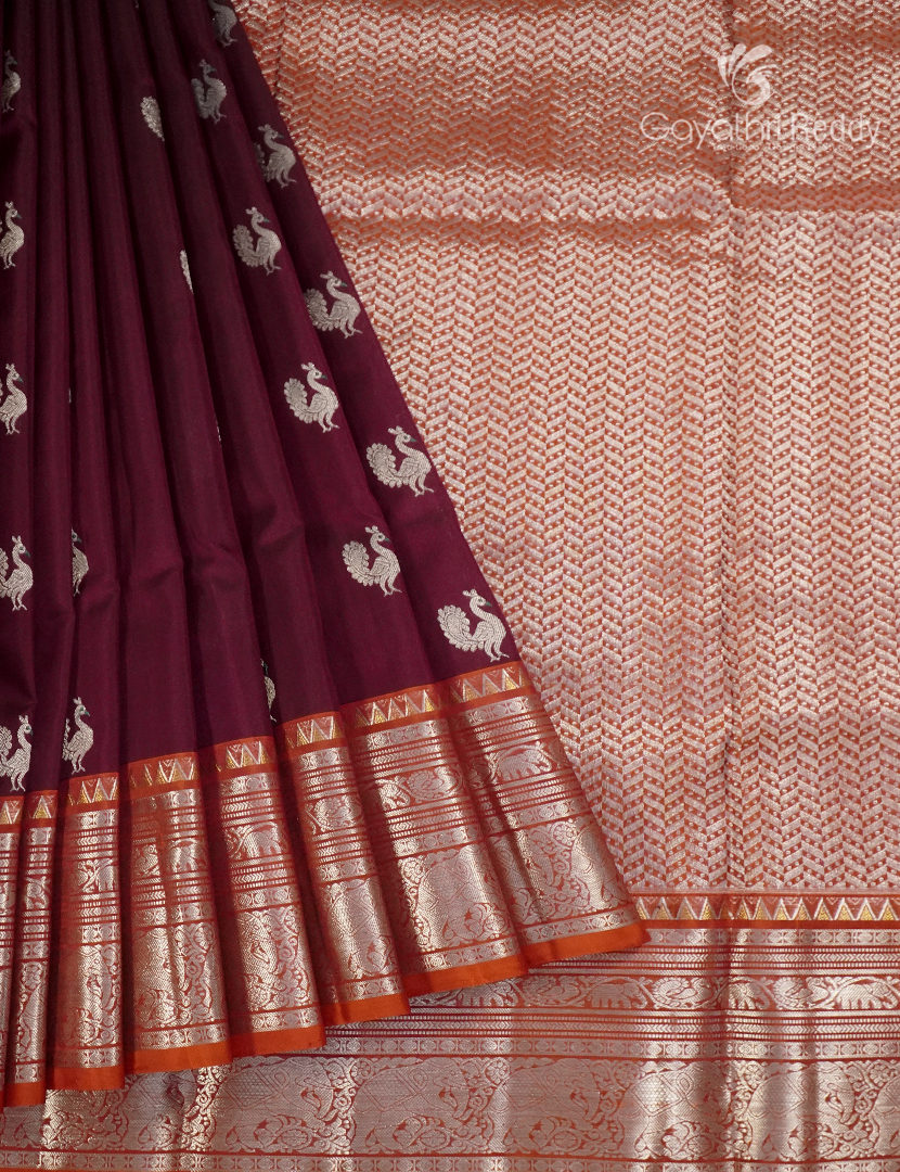 Pure Venkatagiri Silk Saree in Deep Maroon and Burnt Orange