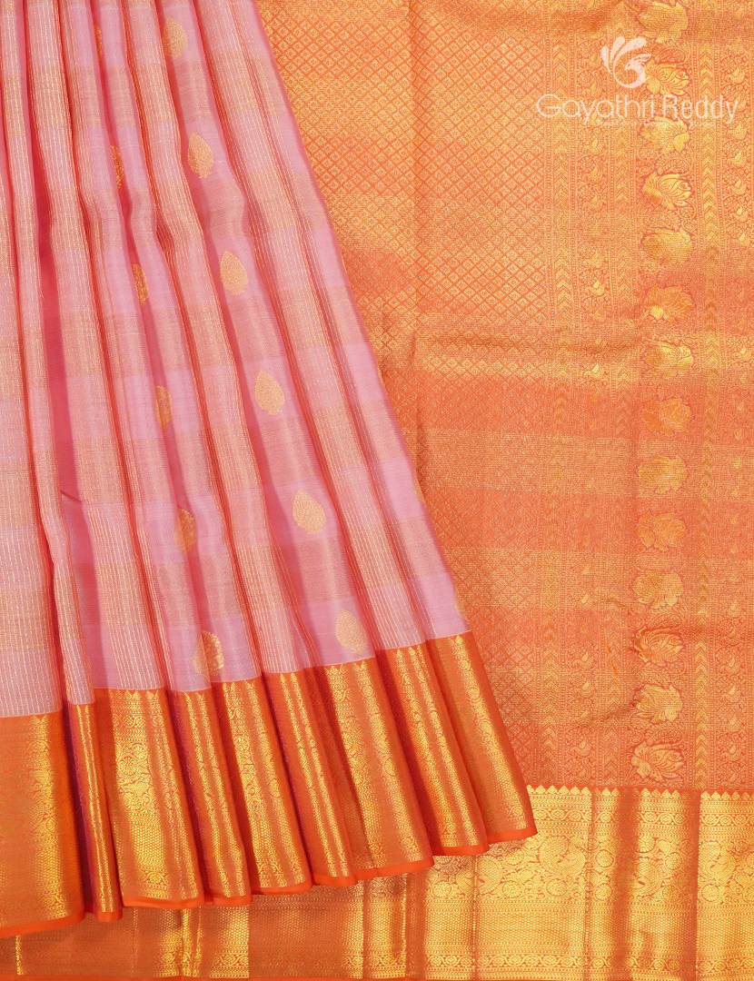 Pure Kanchipuram Silk Vintage Saree in Pastel pink and  Orange